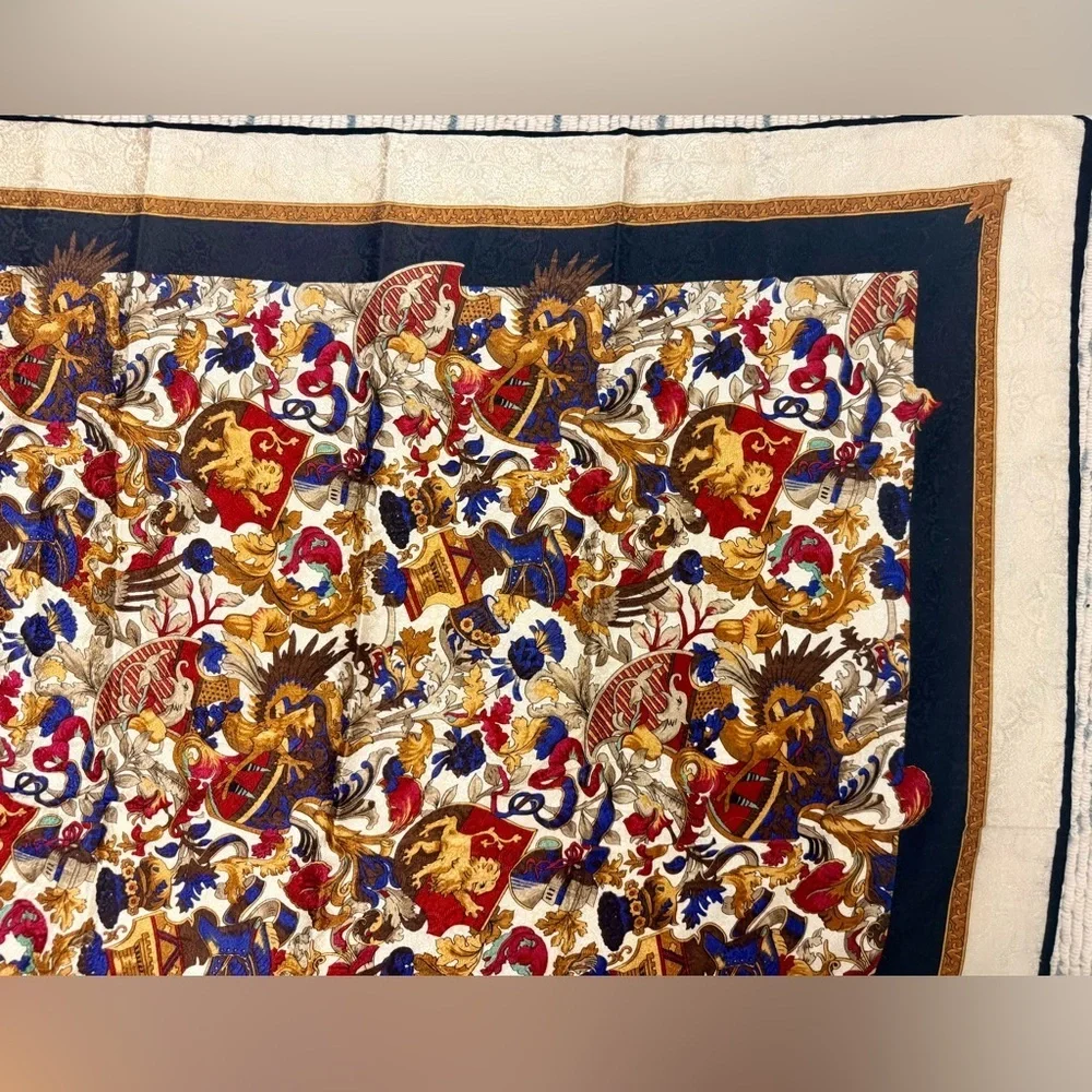 JOY FORTE Vintage 80’s 100% Silk Heraldic Crest Lion Coat Arms Multicolor Scarf